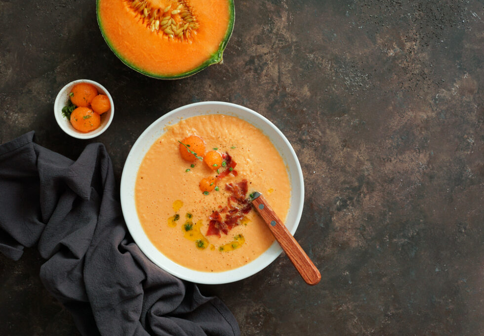 melon cold soup, with jamon, typical spanish